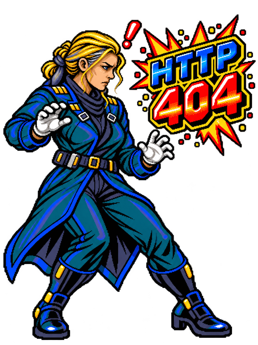 Pixel-art starship captain confronting a giant HTTP 404 warning